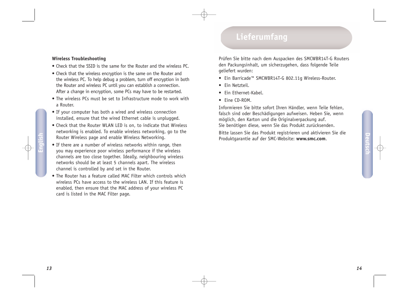 Lieferumfang | SMC Networks SMCWBR14T-G User Manual | Page 8 / 46