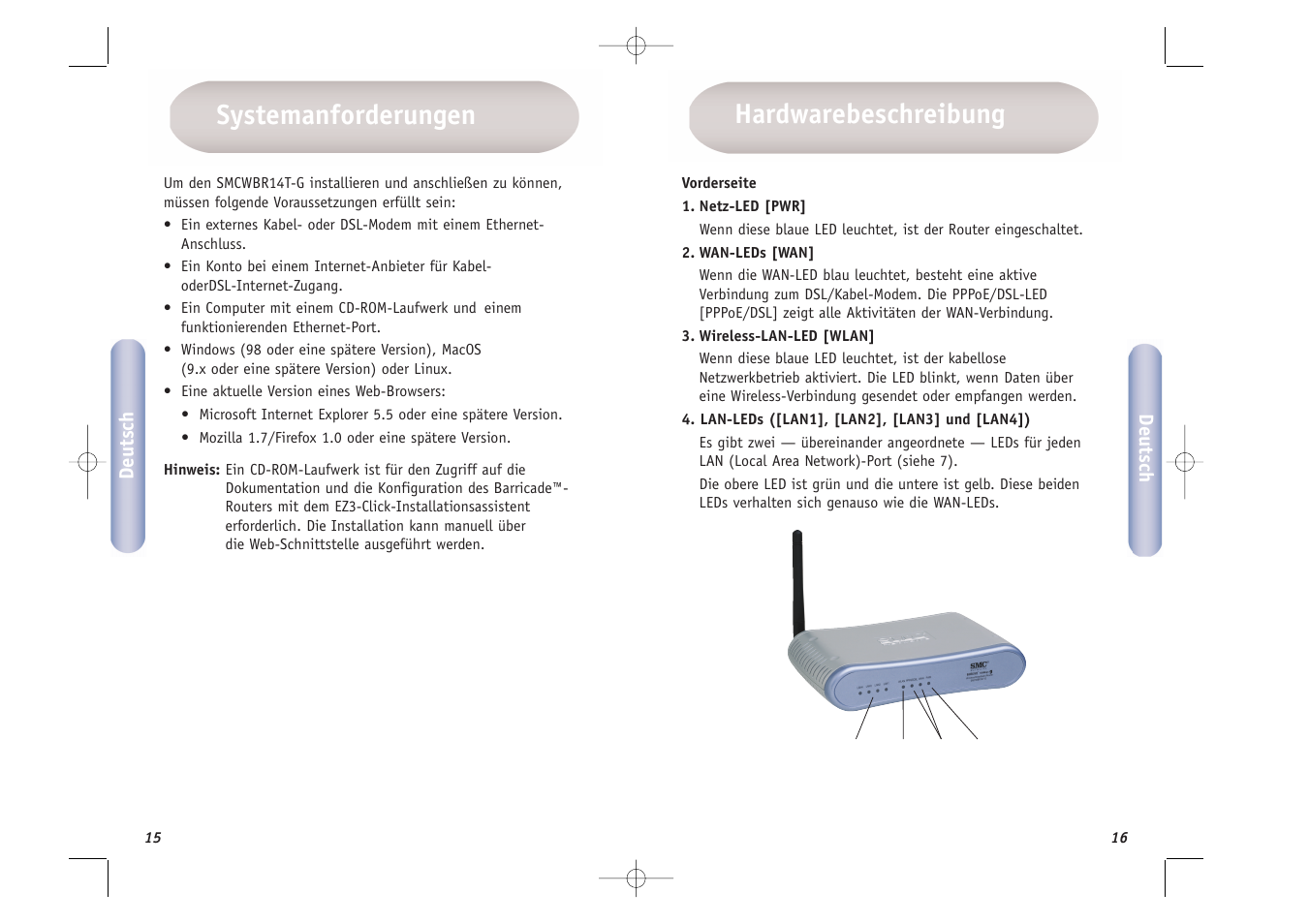 Systemanforderungen, Hardwarebeschreibung | SMC Networks SMCWBR14T-G User Manual | Page 9 / 46