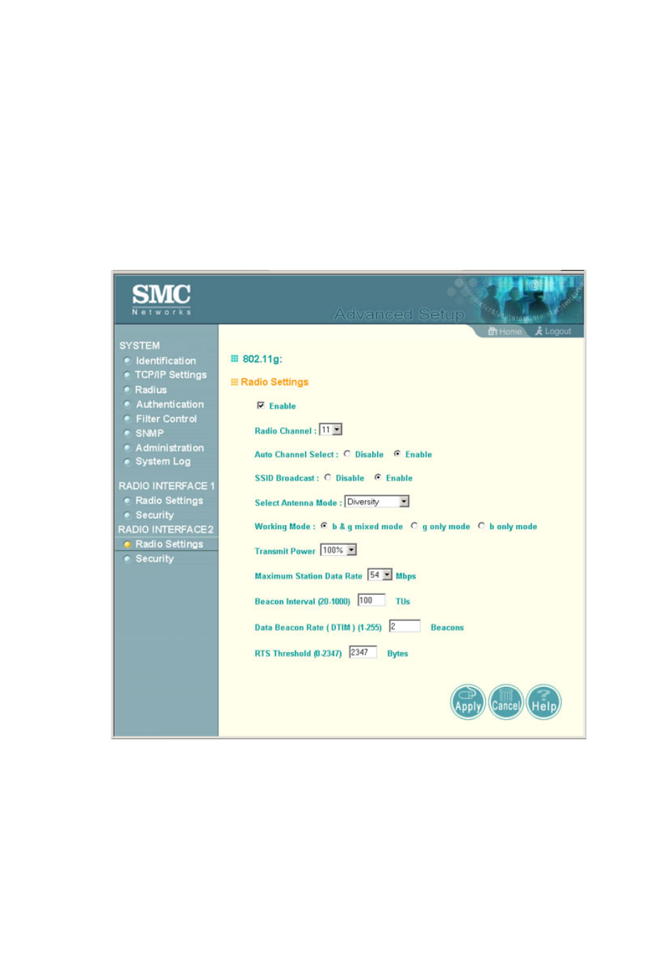 Radio settings (802.11g), Radio settings (802.11g) -44 | SMC Networks SMC2555W-AG User Manual | Page 100 / 256