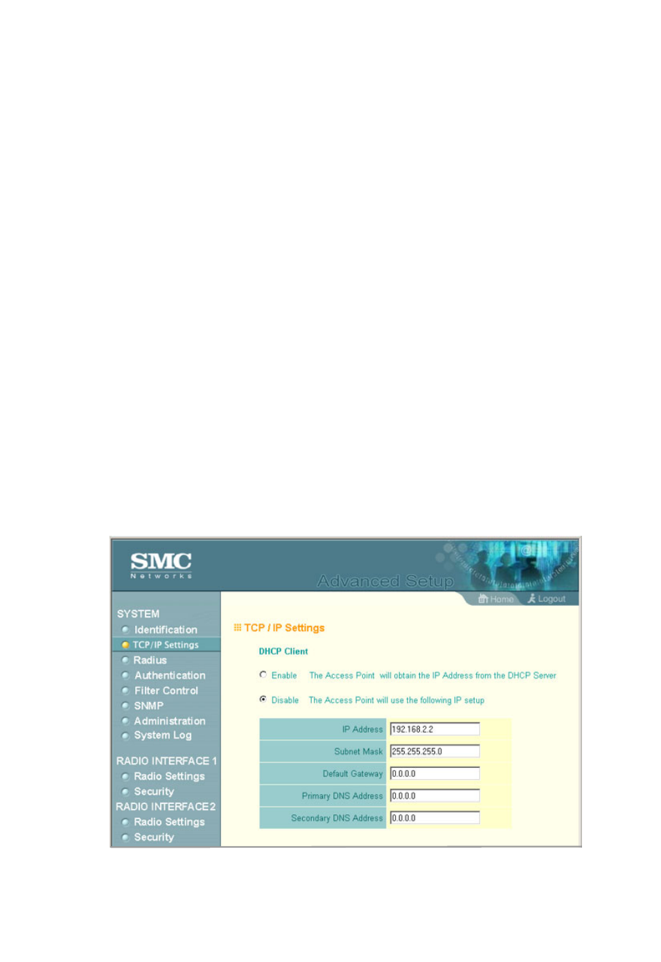 Tcp / ip settings, Tcp / ip settings -6, System configuration 5-6 tcp / ip settings | SMC Networks SMC2555W-AG User Manual | Page 62 / 256