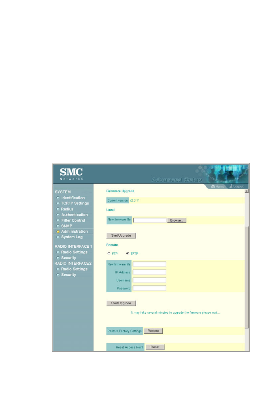 Upgrading firmware | SMC Networks SMC2555W-AG User Manual | Page 85 / 256