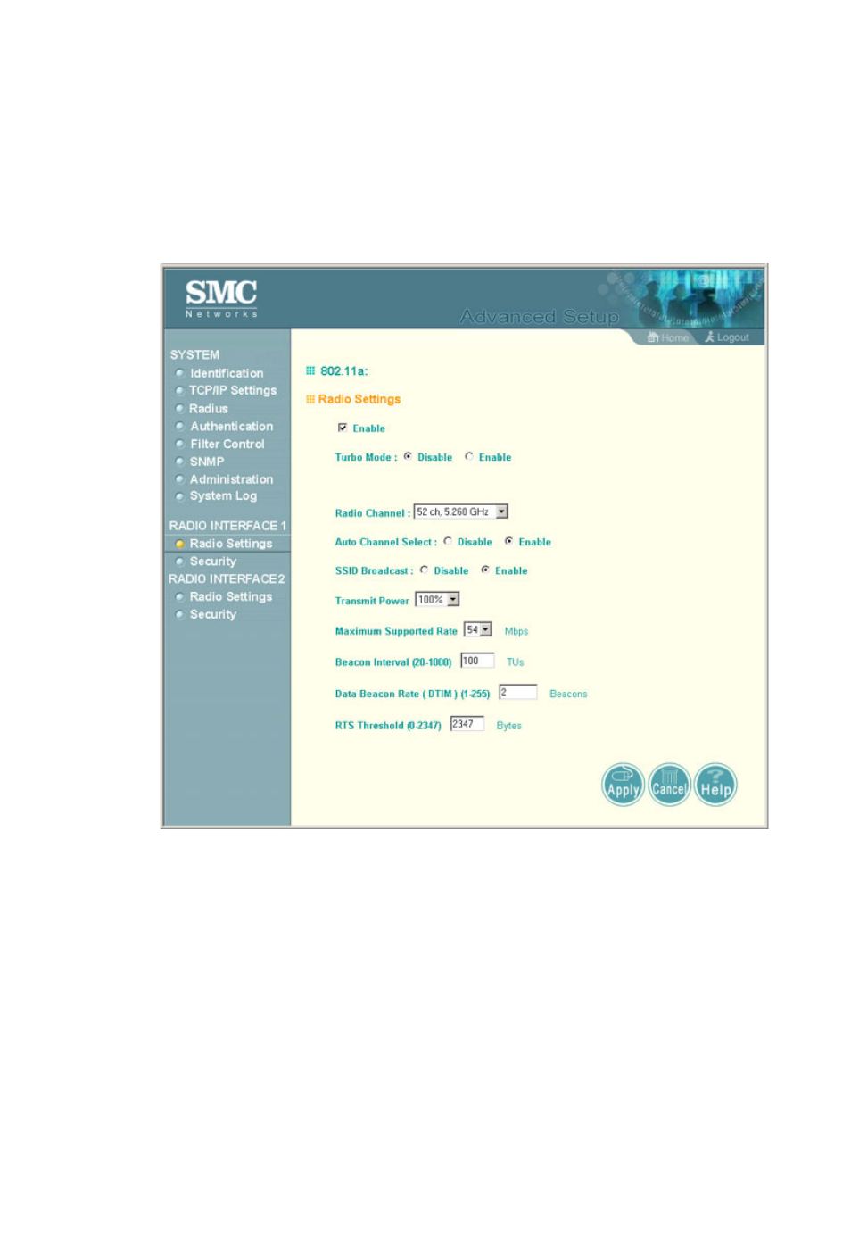 Radio settings (802.11a), Radio settings (802.11a) -39 | SMC Networks SMC2555W-AG User Manual | Page 95 / 256