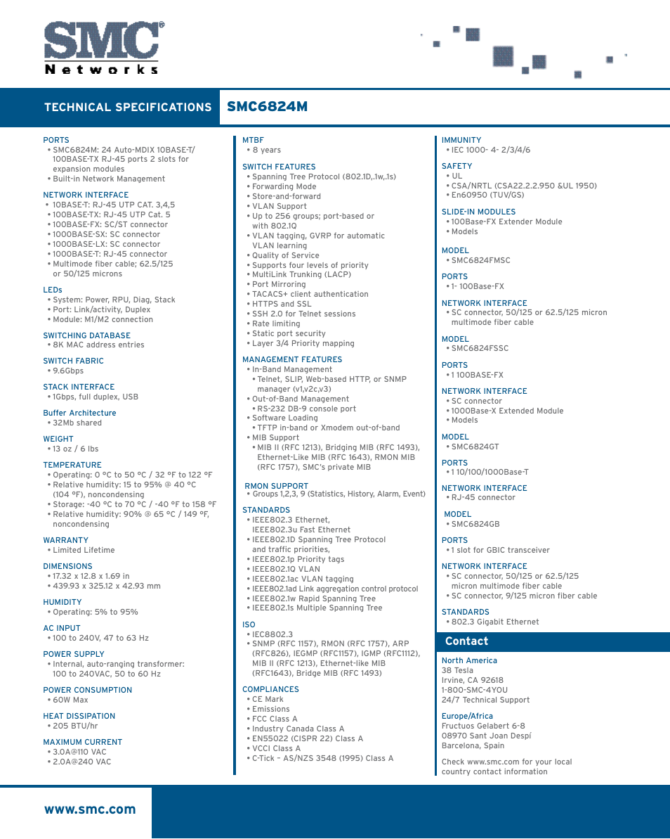 Smc6824m, Technical specifications, Contact | SMC Networks SMC TigerStack III SMC6824M User Manual | Page 2 / 2