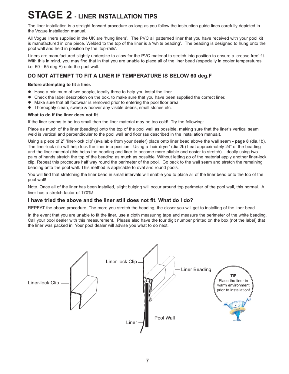 Stage 2, Liner installation tips | Vogue Industrial ABOVE GROUND SWIMMING POOL User Manual | Page 7 / 20