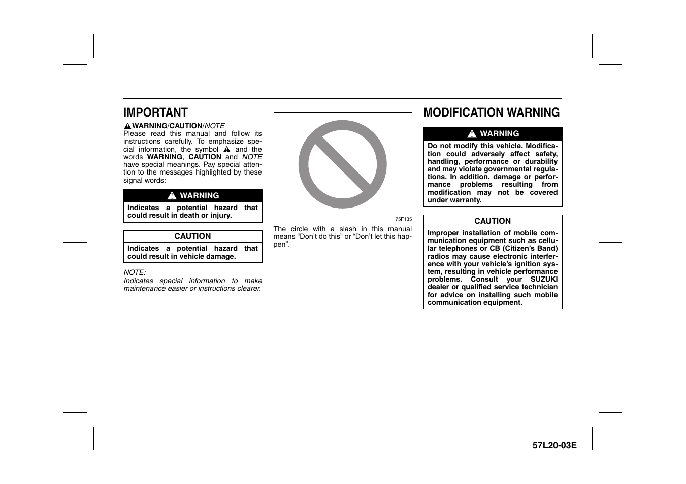 Important, Modification warning | Suzuki 57L1F001 User Manual | Page 4 / 388