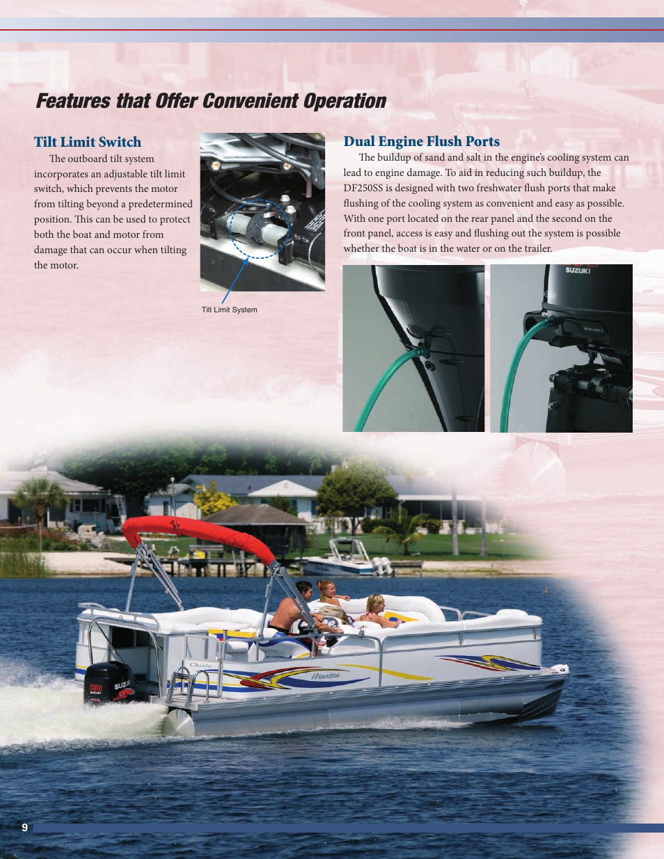 Features that offer convenient operation, Tilt limit switch, Dual engine flush ports | Suzuki DF250SS User Manual | Page 10 / 12