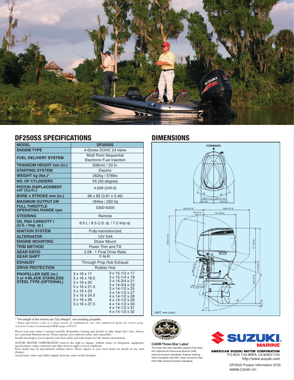 Dimensions, Df250ss specifications | Suzuki DF250SS User Manual | Page 12 / 12