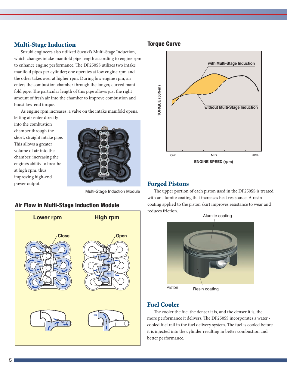 Forged pistons, Fuel cooler, Omulti-stage induction | Torque curve, Air flow in multi-stage induction module, Lower rpm high rpm | Suzuki DF250SS User Manual | Page 6 / 12