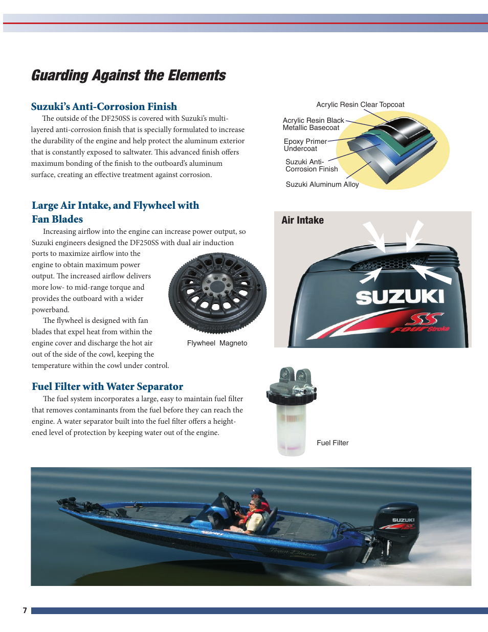 Guarding against the elements s, Suzuki’s anti-corrosion finish, Fuel filter with water separator | Large air intake, and flywheel with fan blades | Suzuki DF250SS User Manual | Page 8 / 12