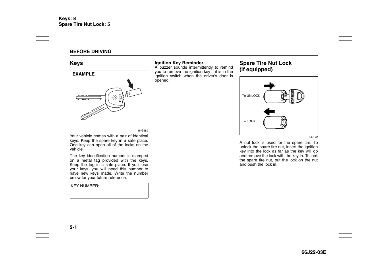 Keys -1 spare tire nut lock (if equipped) -1 | Suzuki Grand Vitara 99011-66J22-03E User Manual | Page 14 / 290