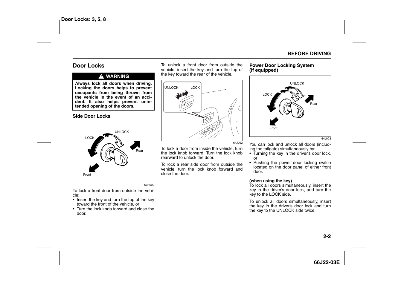 Door locks -2, Door locks | Suzuki Grand Vitara 99011-66J22-03E User Manual | Page 15 / 290