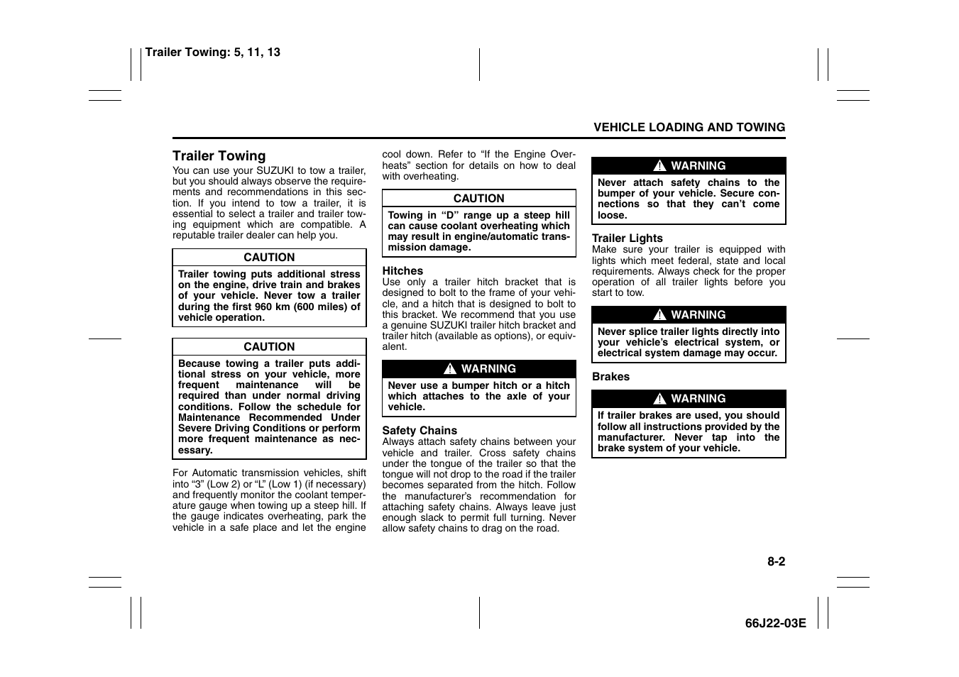 Trailer towing -2 | Suzuki Grand Vitara 99011-66J22-03E User Manual | Page 197 / 290