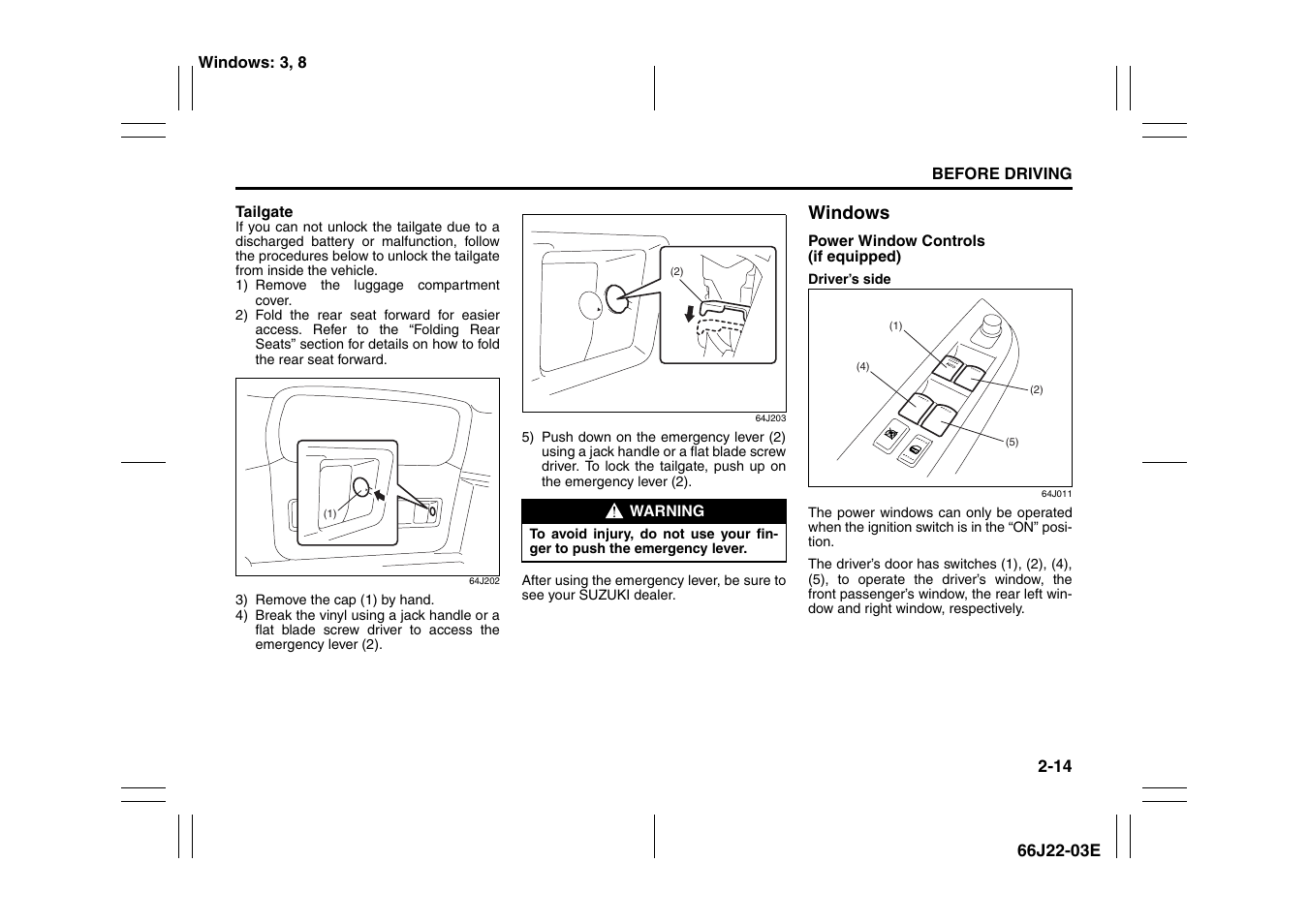 Windows -14, Windows | Suzuki Grand Vitara 99011-66J22-03E User Manual | Page 27 / 290