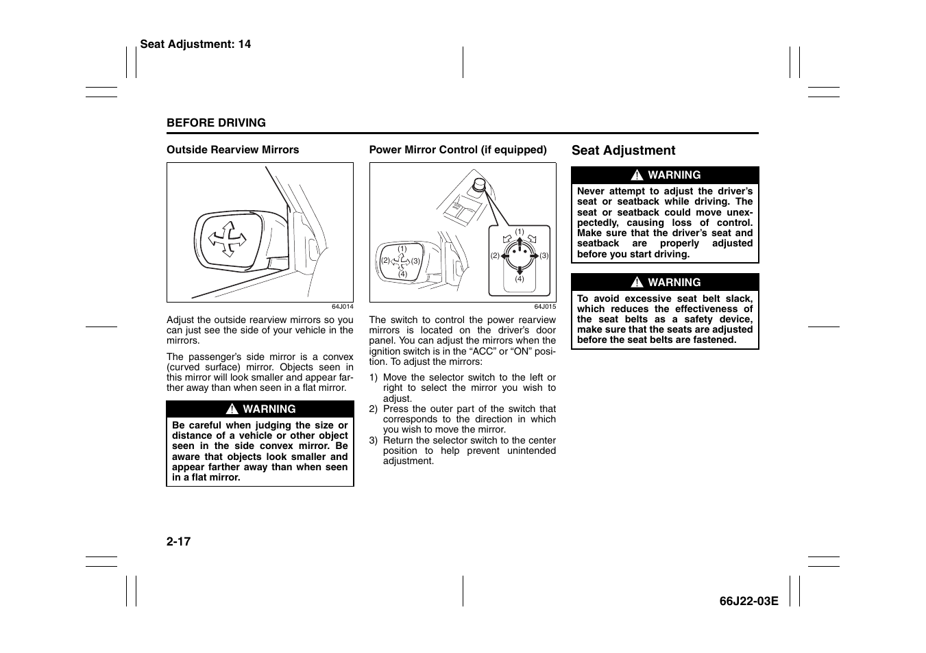 Seat adjustment -17, Seat adjustment | Suzuki Grand Vitara 99011-66J22-03E User Manual | Page 30 / 290