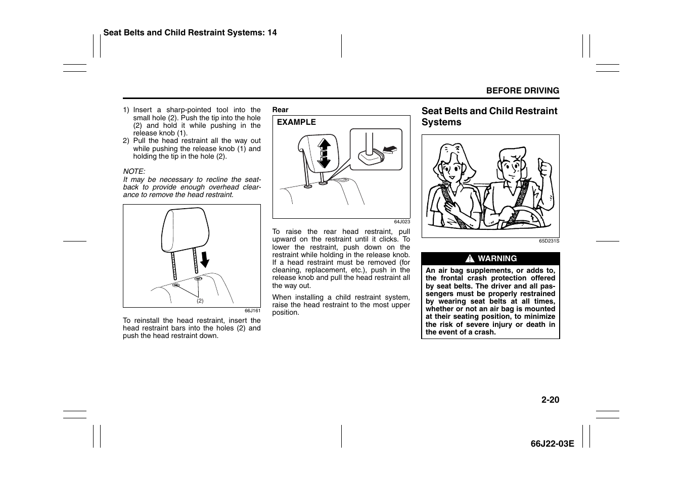 Seat belts and child restraint systems -20 | Suzuki Grand Vitara 99011-66J22-03E User Manual | Page 33 / 290