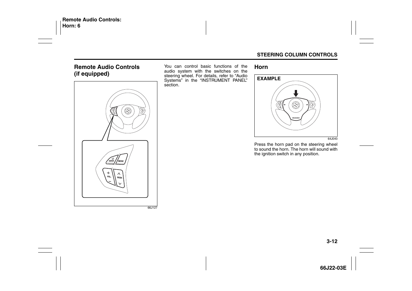 Remote audio controls (if equipped) -12 horn -12 | Suzuki Grand Vitara 99011-66J22-03E User Manual | Page 73 / 290