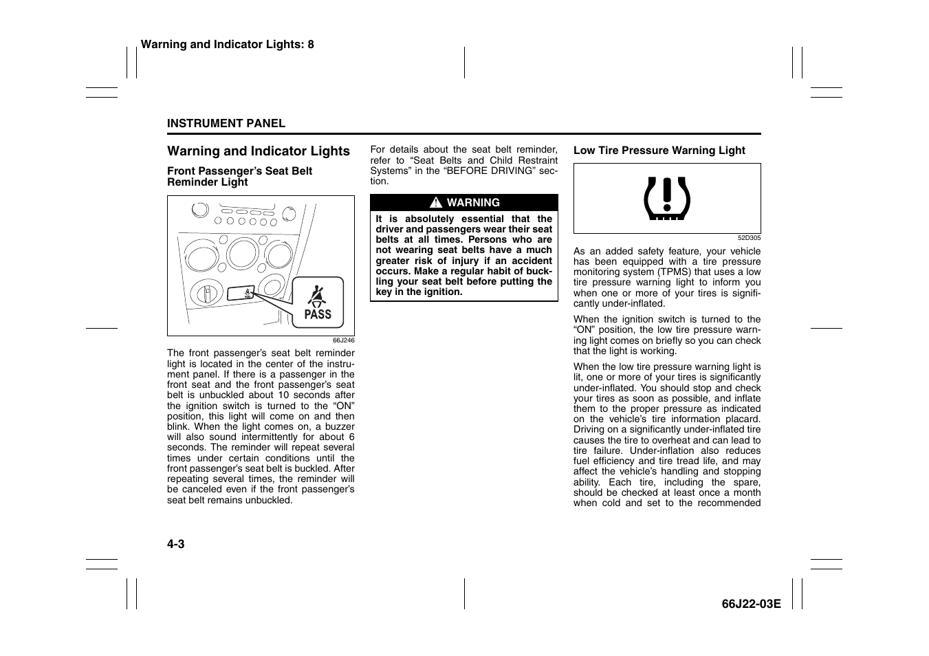 Warning and indicator lights -3 | Suzuki Grand Vitara 99011-66J22-03E User Manual | Page 78 / 290