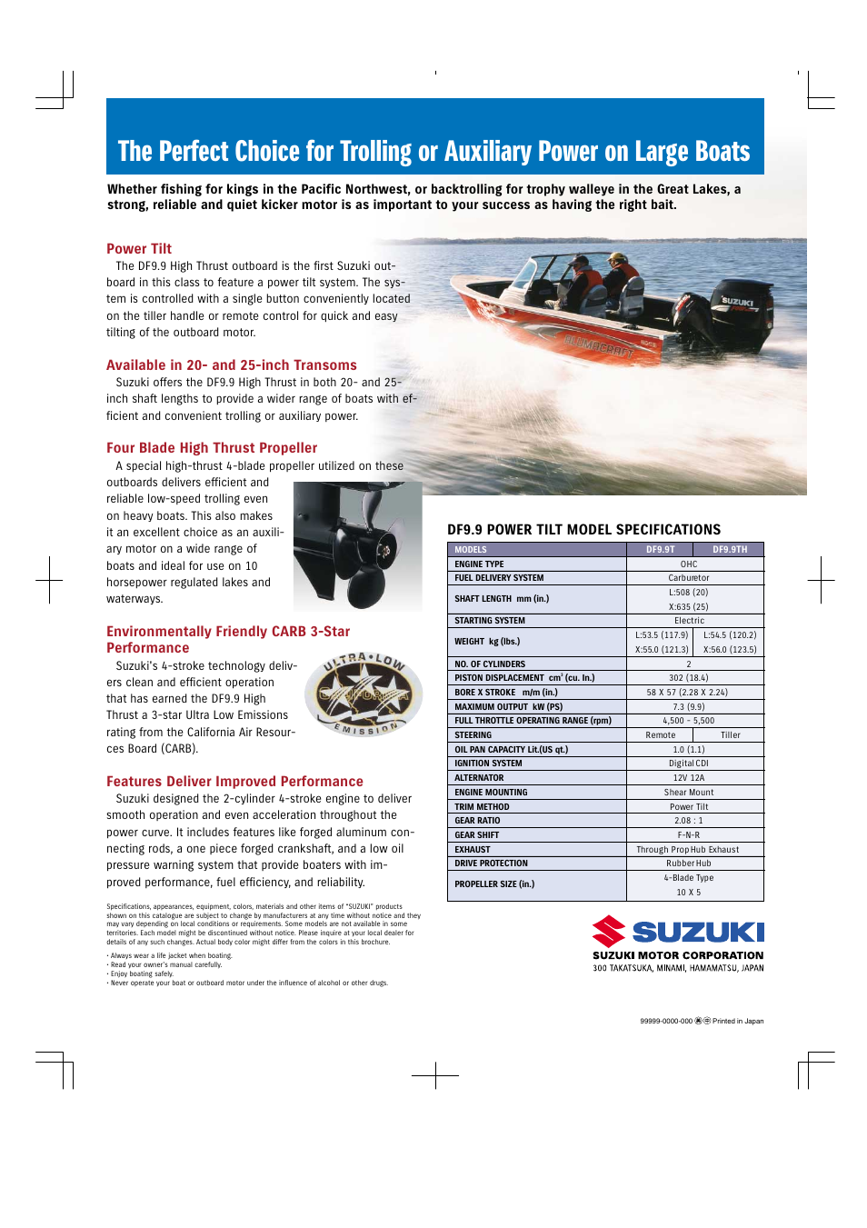 Df9.9 power tilt model specifications, Power tilt, Available in 20- and 25-inch transoms | Four blade high thrust propeller, Environmentally friendly carb 3-star performance, Features deliver improved performance | Suzuki DF9.9T User Manual | Page 2 / 2