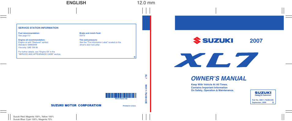 Bookcover_78j00-03e, Owner’s manual, 0 mm | English | Suzuki XL7 User Manual | Page 274 / 274