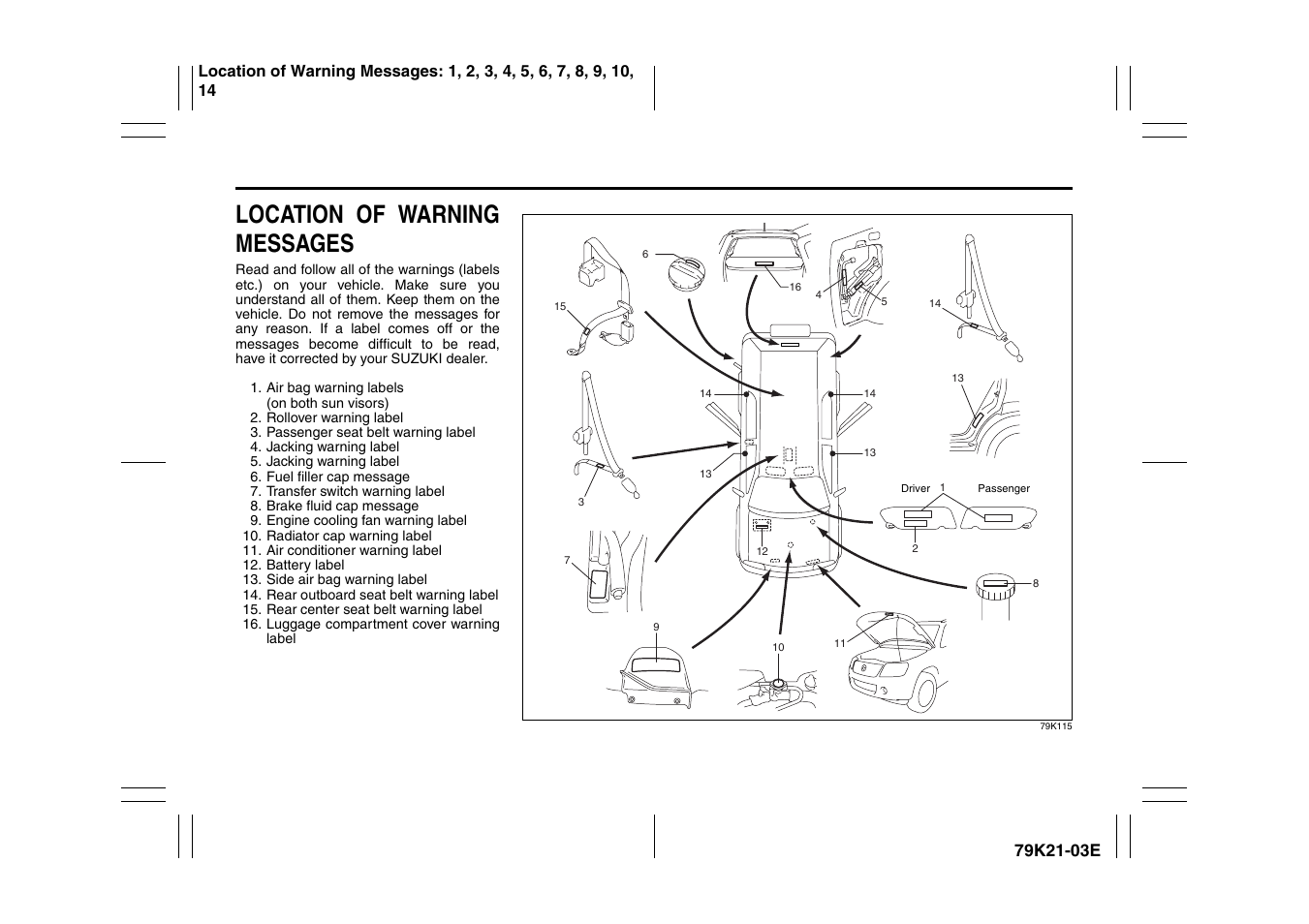 Location of warning messages | Suzuki 2010 Grand Vitara User Manual | Page 14 / 337