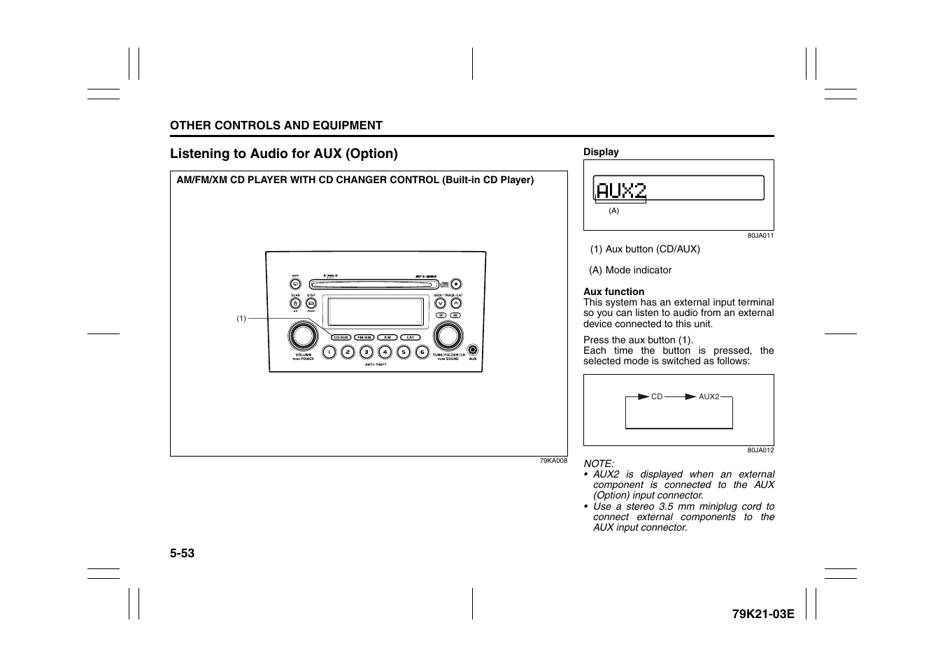 Listening to audio for aux (option) | Suzuki 2010 Grand Vitara User Manual | Page 206 / 337