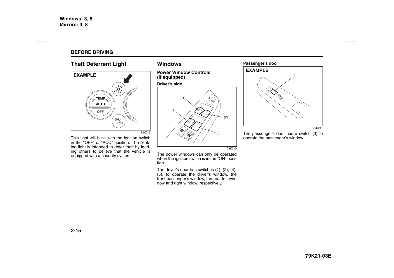 Theft deterrent light, Windows | Suzuki 2010 Grand Vitara User Manual | Page 32 / 337