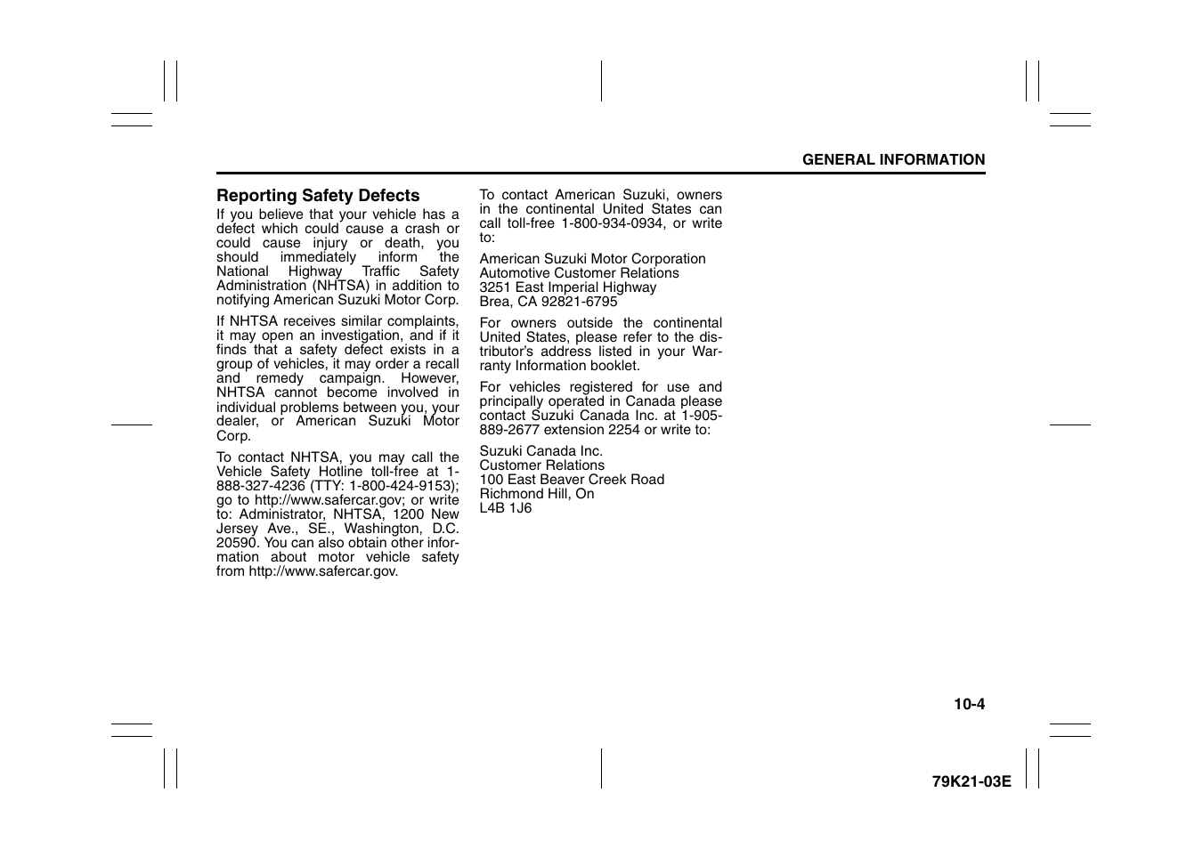 Reporting safety defects -4 | Suzuki 2010 Grand Vitara User Manual | Page 321 / 337