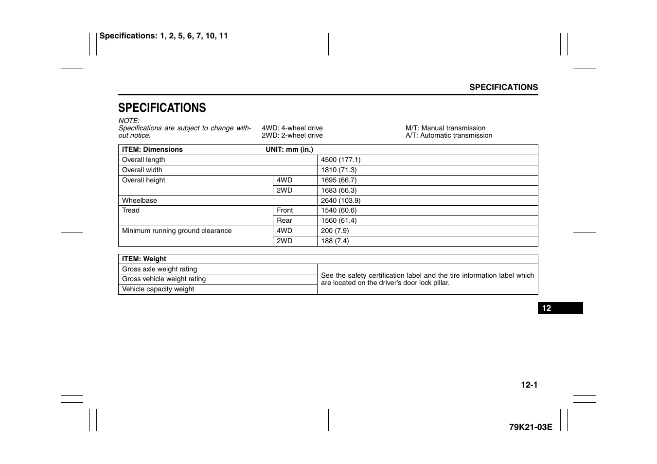 Specifications | Suzuki 2010 Grand Vitara User Manual | Page 327 / 337