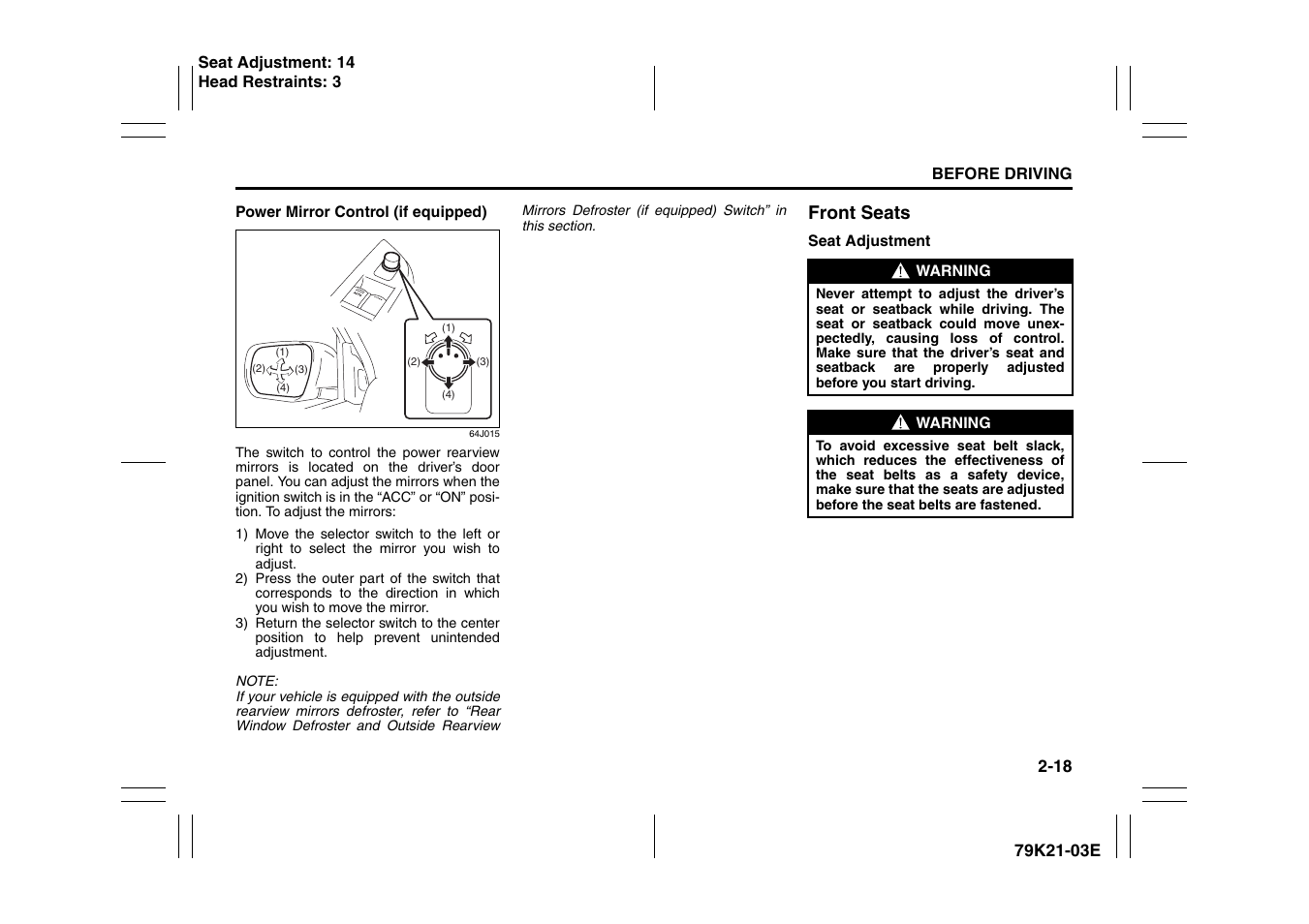 Front seats | Suzuki 2010 Grand Vitara User Manual | Page 35 / 337