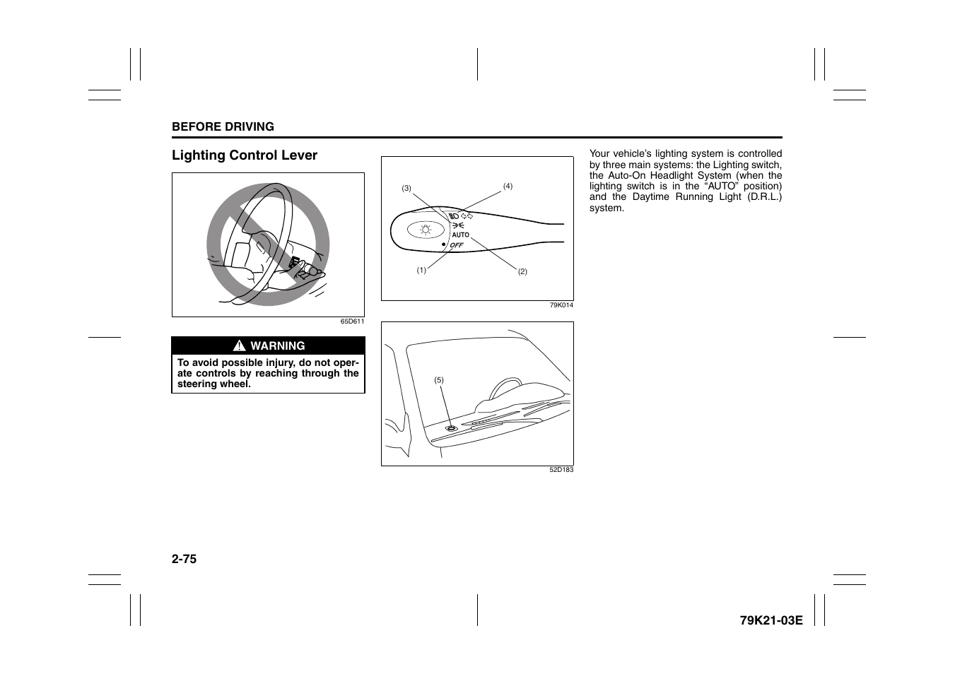 Lighting control lever | Suzuki 2010 Grand Vitara User Manual | Page 92 / 337