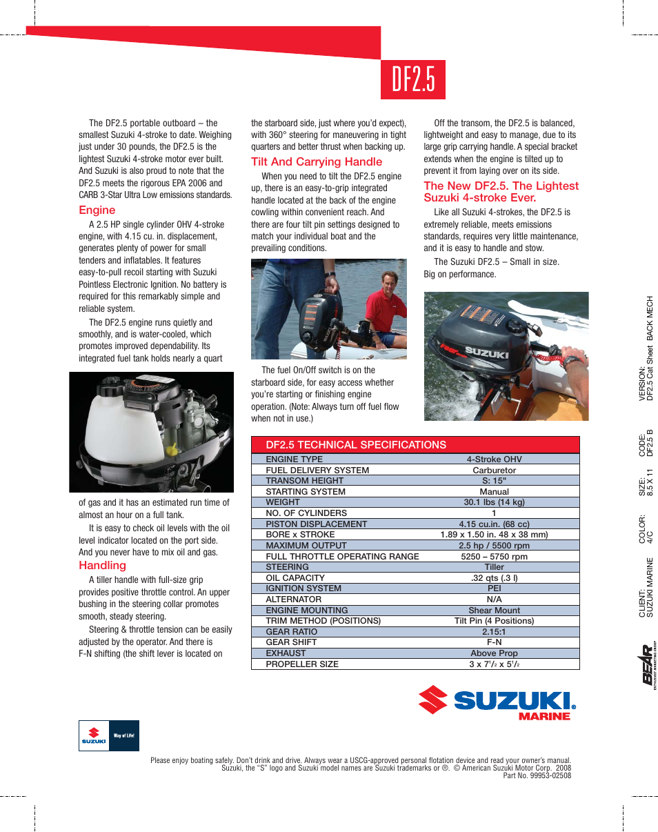 Df2.5, Engine, Handling | Tilt and carrying handle, The new df2.5. the lightest suzuki 4-stroke ever | Suzuki DF2.5 User Manual | Page 2 / 2