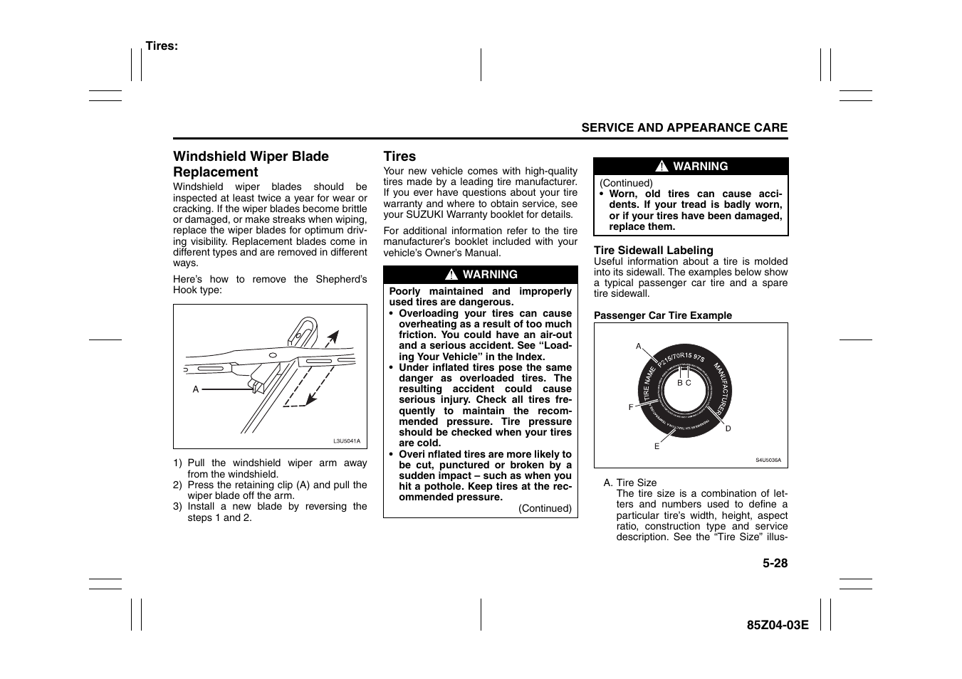 Windshield wiper blade replacement -28 tires -28 | Suzuki Automible 2008 Forenza User Manual | Page 172 / 226