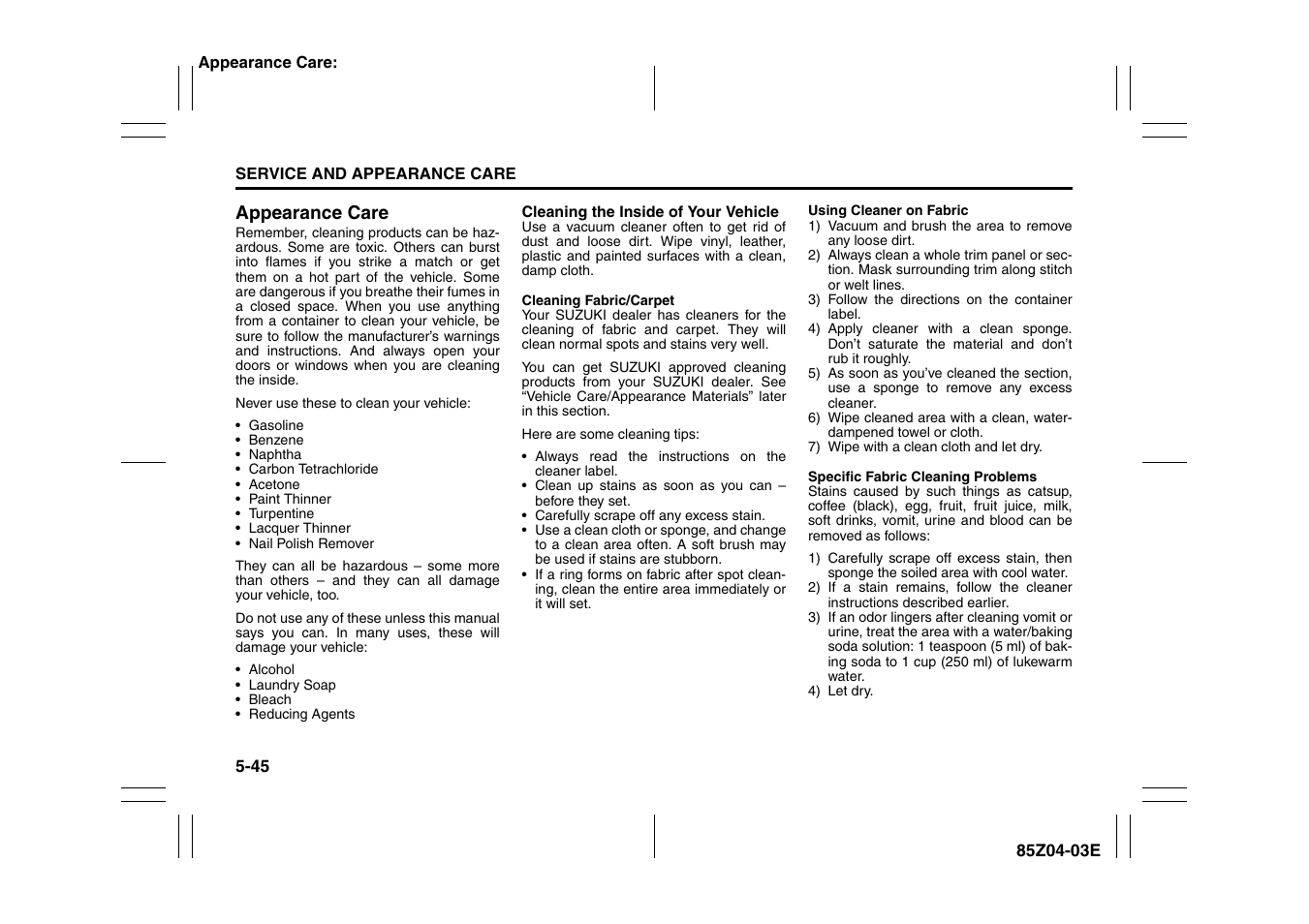Appearance care -45 | Suzuki Automible 2008 Forenza User Manual | Page 189 / 226
