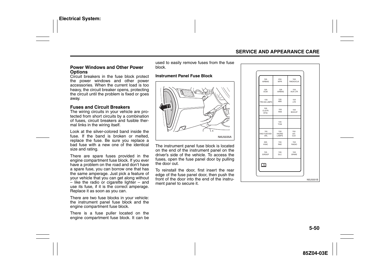 Service and appearance care, Power windows and other power options, Fuses and circuit breakers | Electrical system | Suzuki Automible 2008 Forenza User Manual | Page 194 / 226