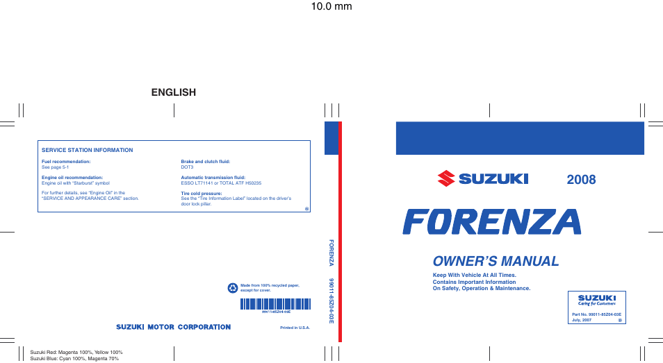 Bookcover_85z04-03e.pdf, Owner’s manual, 0 mm | English | Suzuki Automible 2008 Forenza User Manual | Page 226 / 226