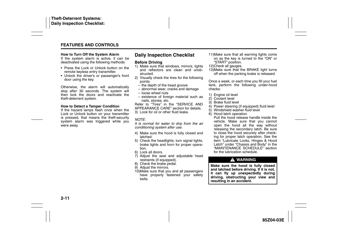 Daily inspection checklist -11 | Suzuki Automible 2008 Forenza User Manual | Page 59 / 226