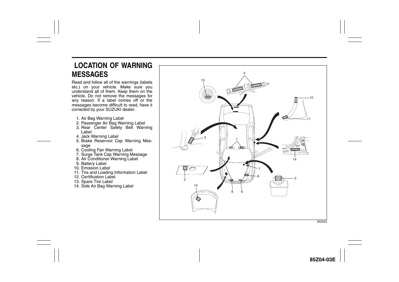 Location of warning messages | Suzuki Automible 2008 Forenza User Manual | Page 7 / 226