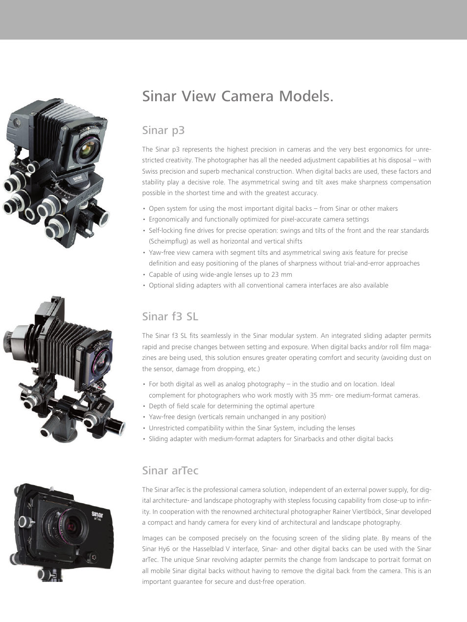 Sinar view camera models, Sinar p3, Sinar f3 sl | Sinar artec | Sinar p3 User Manual | Page 6 / 8