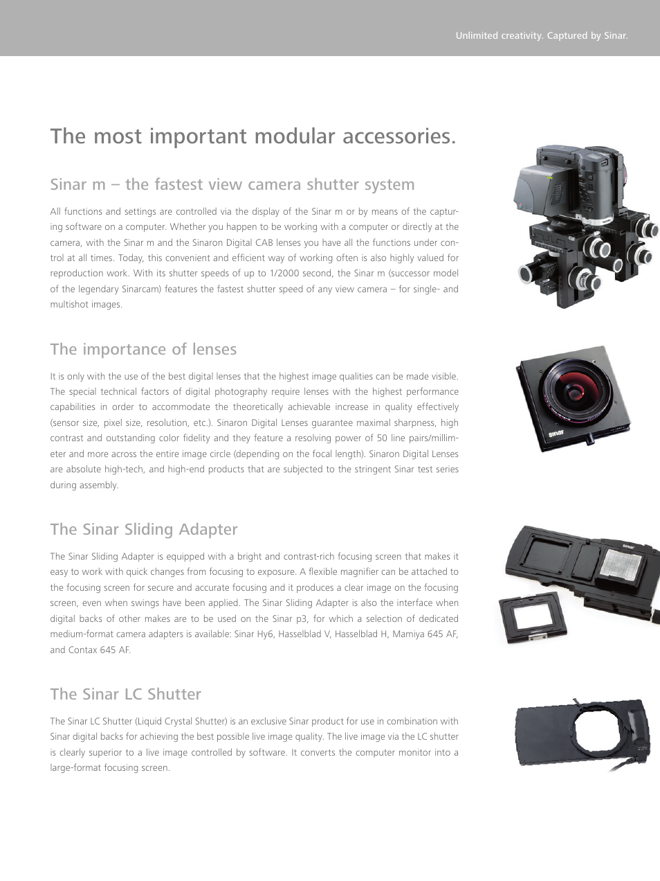 The most important modular accessories, Sinar m – the fastest view camera shutter system, The importance of lenses | The sinar sliding adapter, The sinar lc shutter | Sinar p3 User Manual | Page 7 / 8