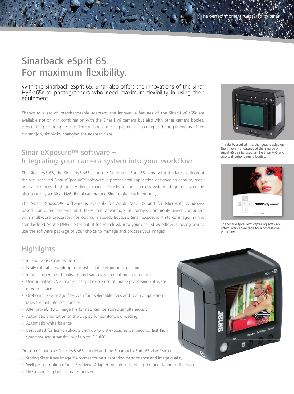 Sinarback esprit 65. for maximum ﬂexibility, Highlights | Sinar Hy6 65 User Manual | Page 4 / 6