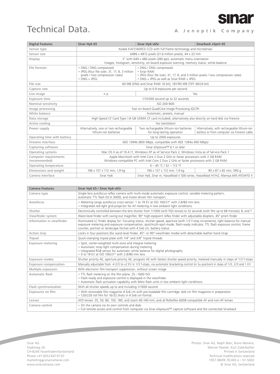 Technical data | Sinar Hy6 65 User Manual | Page 6 / 6