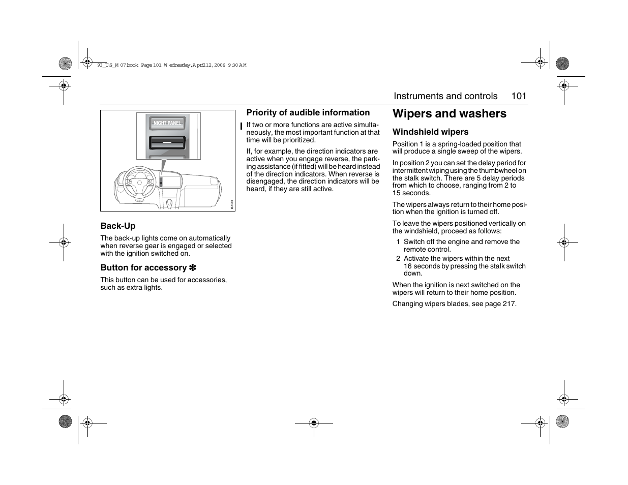 Wipers and washers | Saab 2007 9-3 User Manual | Page 101 / 304