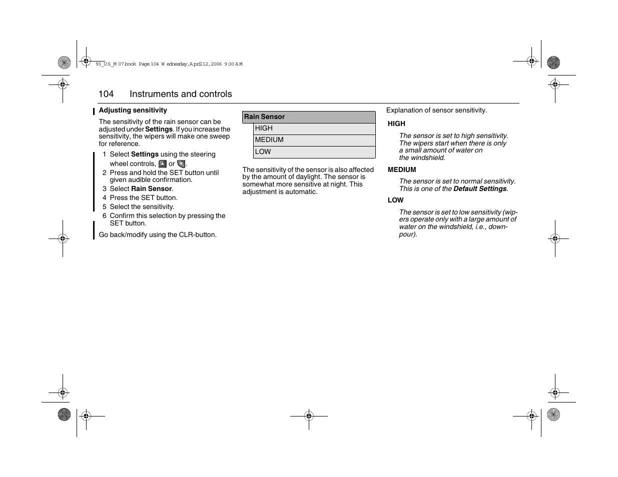 104 instruments and controls | Saab 2007 9-3 User Manual | Page 104 / 304