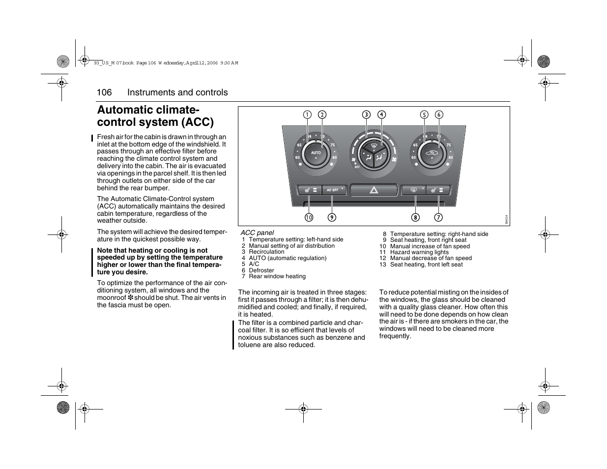 Automatic climate- control system (acc) | Saab 2007 9-3 User Manual | Page 106 / 304
