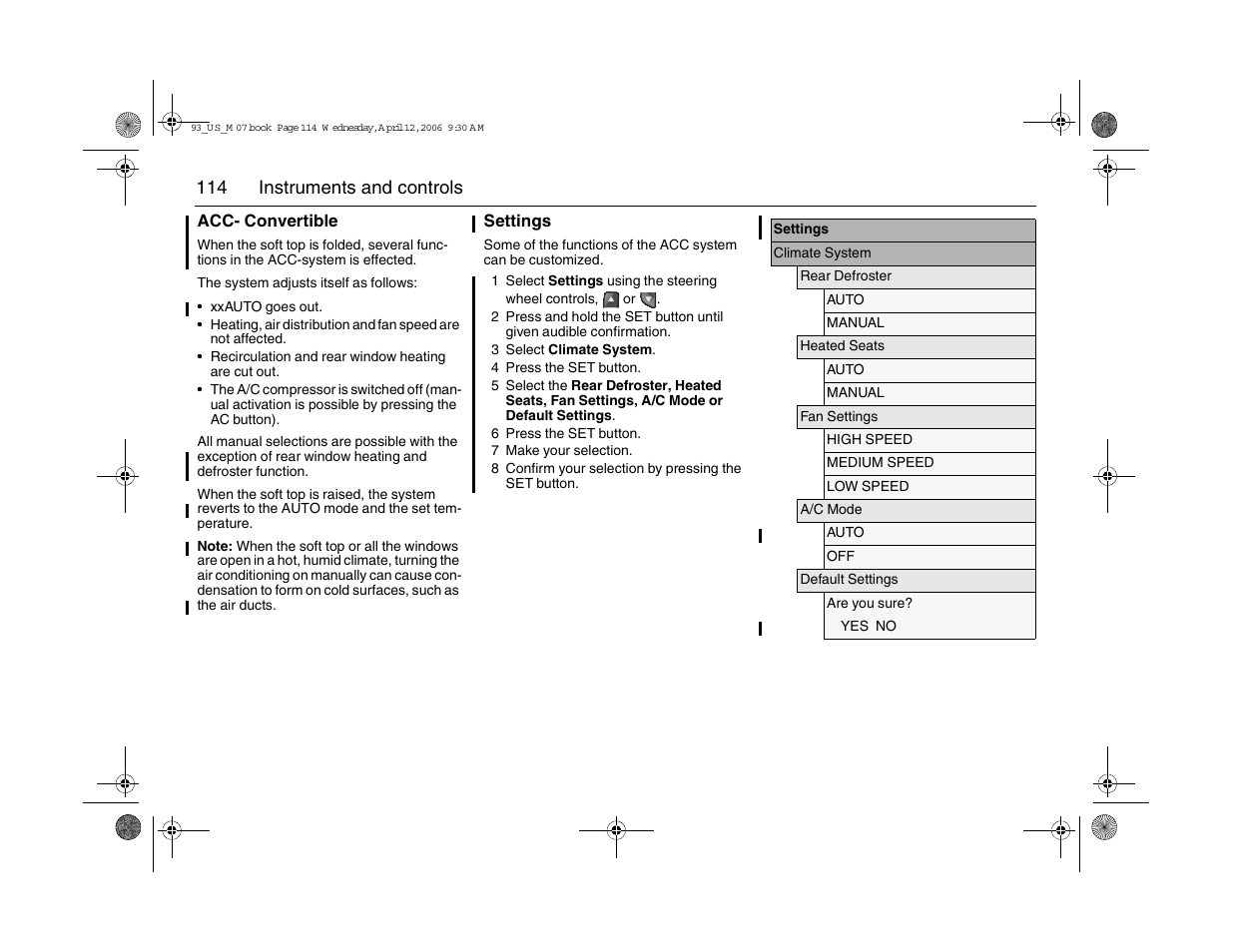 114 instruments and controls | Saab 2007 9-3 User Manual | Page 114 / 304