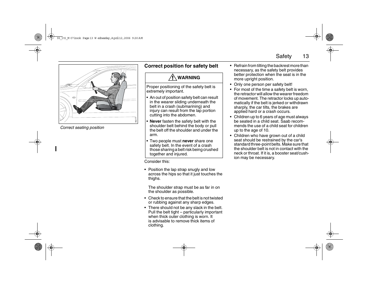 13 safety | Saab 2007 9-3 User Manual | Page 13 / 304