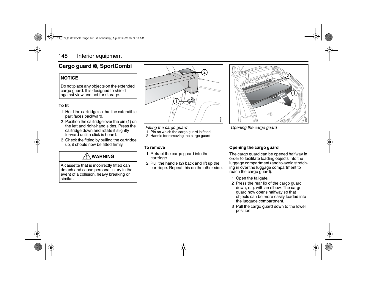148 interior equipment cargo guard 3 , sportcombi | Saab 2007 9-3 User Manual | Page 148 / 304