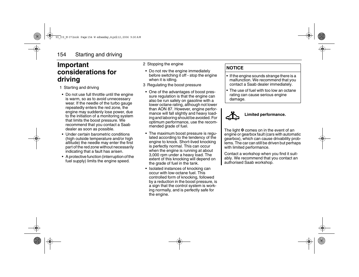 Important considerations for driving, 154 starting and driving | Saab 2007 9-3 User Manual | Page 154 / 304