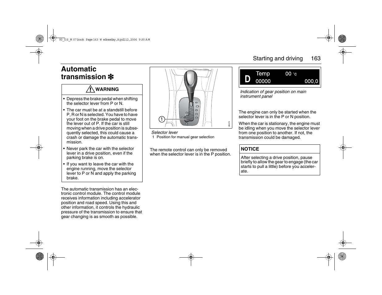 Automatic transmission 3 | Saab 2007 9-3 User Manual | Page 163 / 304