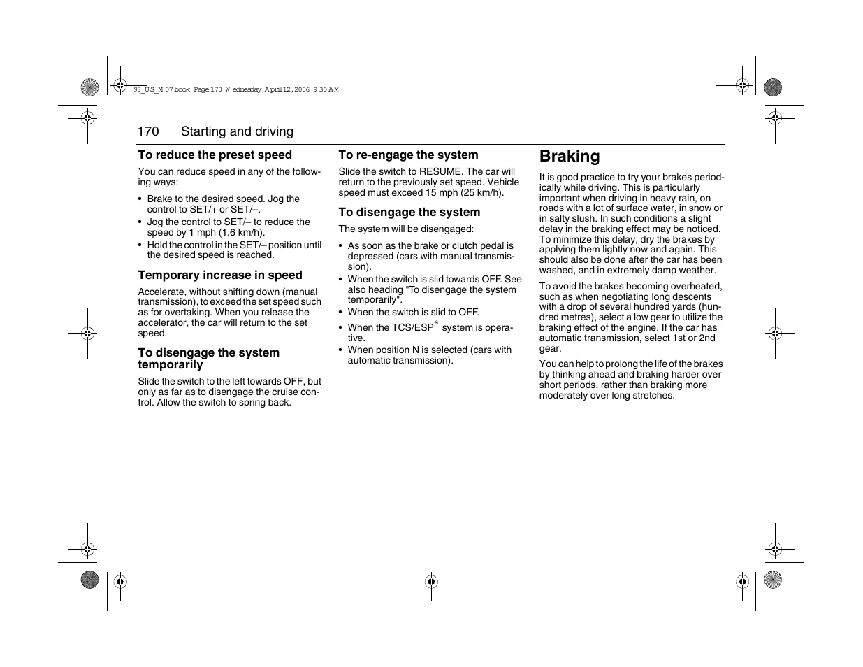 Braking | Saab 2007 9-3 User Manual | Page 170 / 304